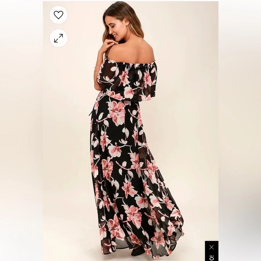 Lulus Infinite Love‎ Black Floral Print Off-the-Shoulder Maxi Dress Sz Small